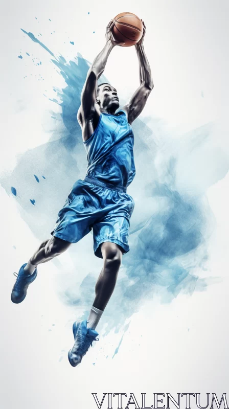 AI ART Dynamic Basketball Player Image in Vibrant Blue with Abstract Watercolor Background