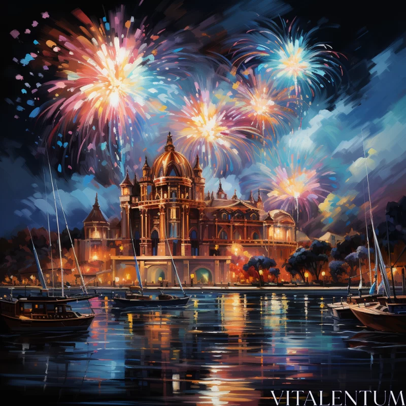 Fireworks Illuminating a Castle: A Realistic Depiction of Light and Architecture AI Image