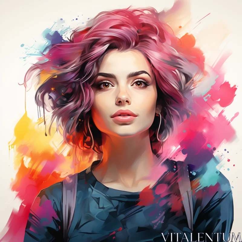 Surreal Portrait of Pink-Haired Girl Amidst Colorful Splatters AI Image