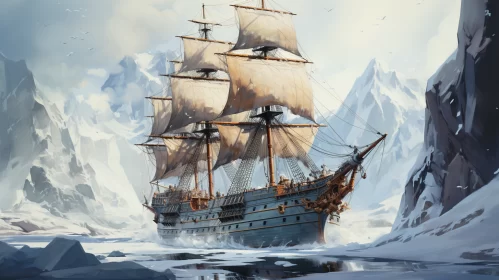 2D Game Art of Pirate Ship Sailing in Icy Sea with Snowy Mountain Backdrop AI Image