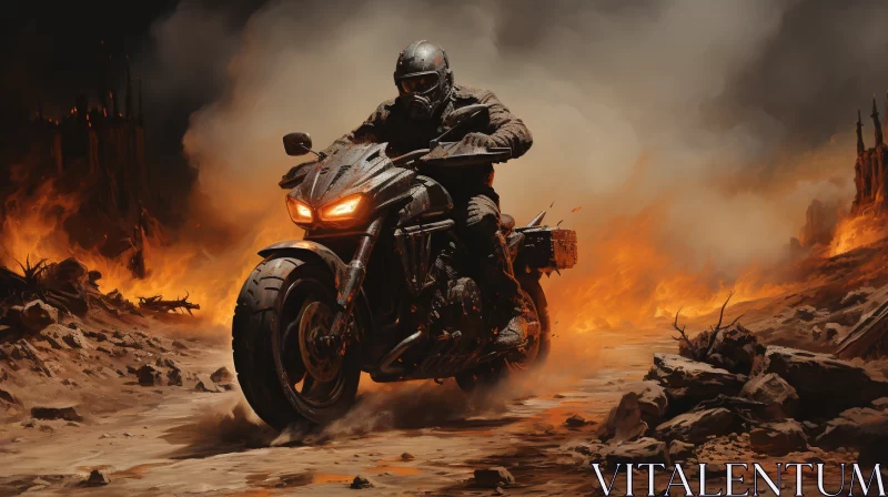 Apocalyptic Landscape with Motorcycle Rider AI Image