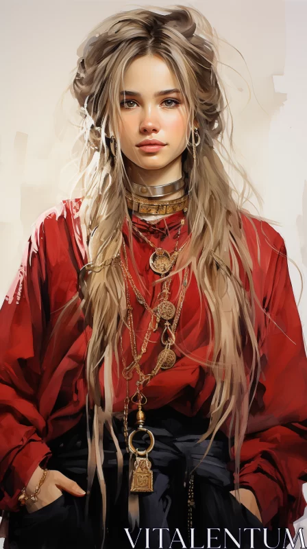 AI ART Long-haired Girl in Red Sweater and Gold Necklace