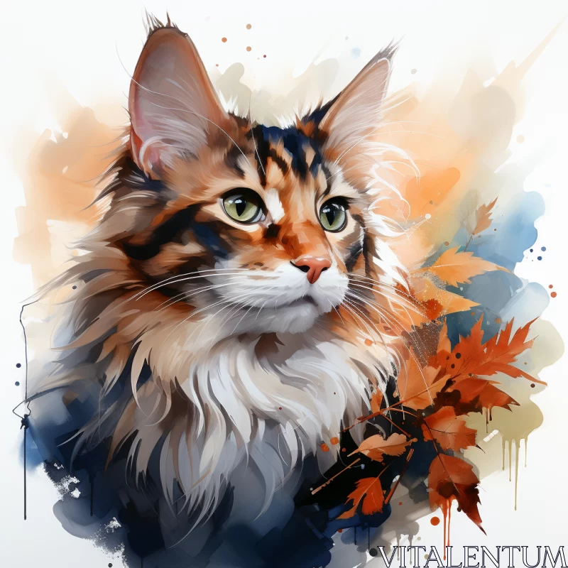 Charming Cat in Autumn Essence: Navy & Amber Watercolor Style AI Image