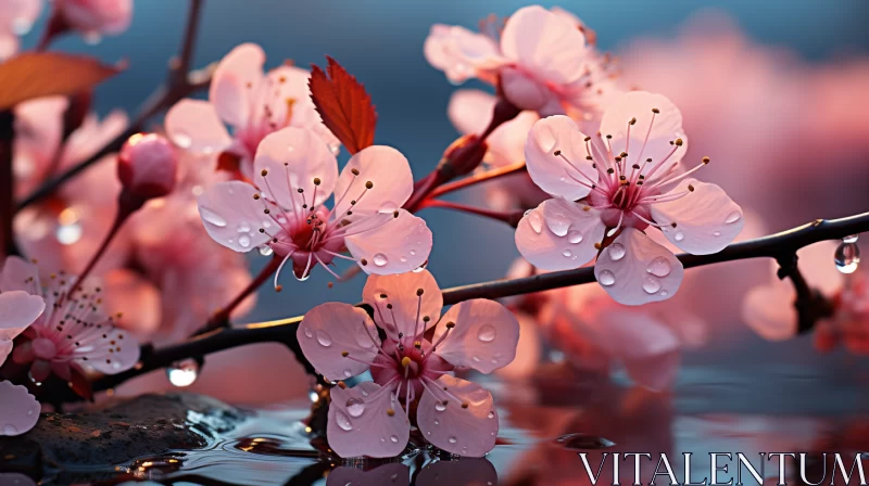 Cherry Blossoms Bathed in Rain Drops: A Tonalist Still Life AI Image