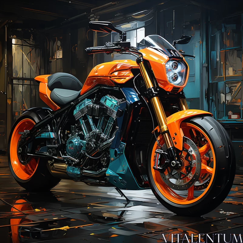 Intricate Orange Motorcycle in Industrial Workshop AI Image
