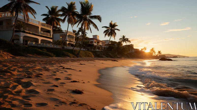 Tranquil Beach Scene at Sunset with Palm Trees and Golden Light AI Image