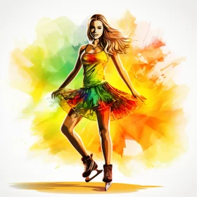 Vibrant Ice Skating Illustration with Rainbow Dress and Icepunk Elements AI Image