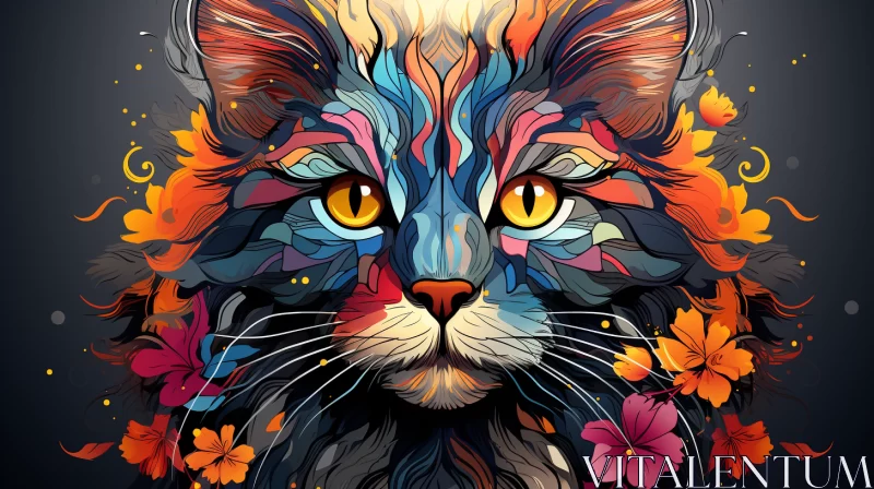 Abstract Floral Cat Portrait in Amber and Gray AI Image