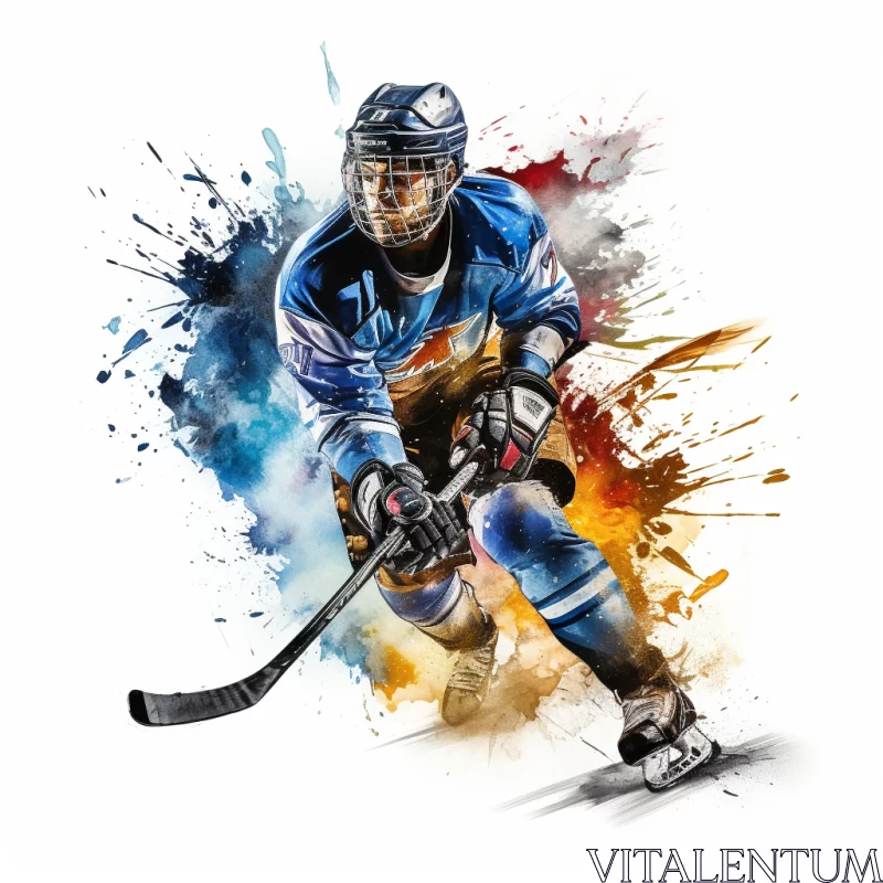 Action-Packed Hockey Player Artwork in Vibrant Mixed Media Style AI Image