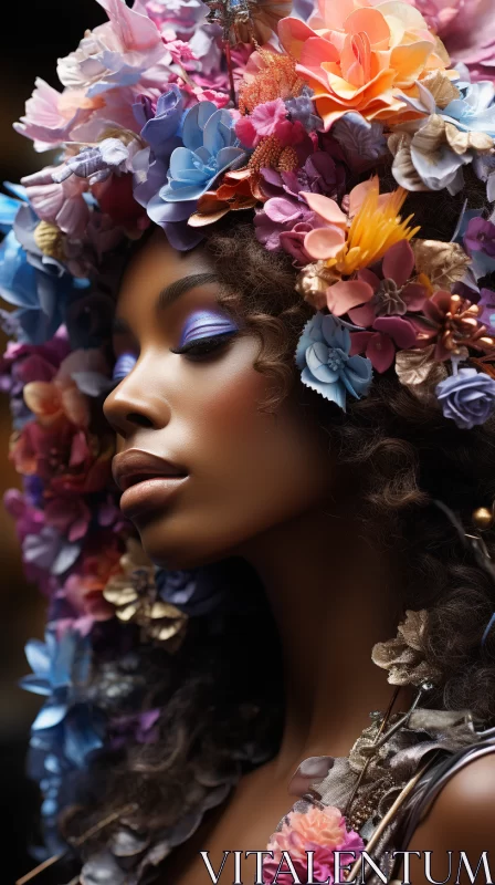 Close-Up Portrait of Floral Adorned Woman from Black Arts Movement AI Image