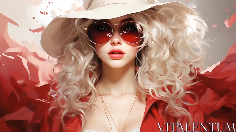 Elegant Woman in Red Hat and Sunglasses: Anime-Inspired Art AI Image