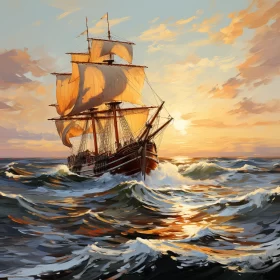 Fusion-Styled Majestic Sailing Ship Artwork in Warm Golden Light AI Image
