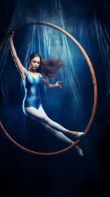 Graceful Gymnast in Azure Dress Performing on Hoop against Smokey Background AI Image