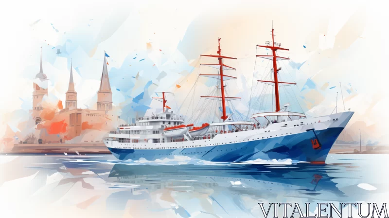 Historic Harbor Scene with Azure-Sailed Ship and Soviet Avant-Garde Style Cityscape AI Image