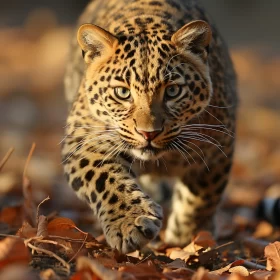 Leopard in Autumn: A Study of Motion and Light AI Image