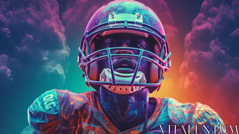 Psychedelic Portrait of Determined Football Player in Multicolored Sky AI Image