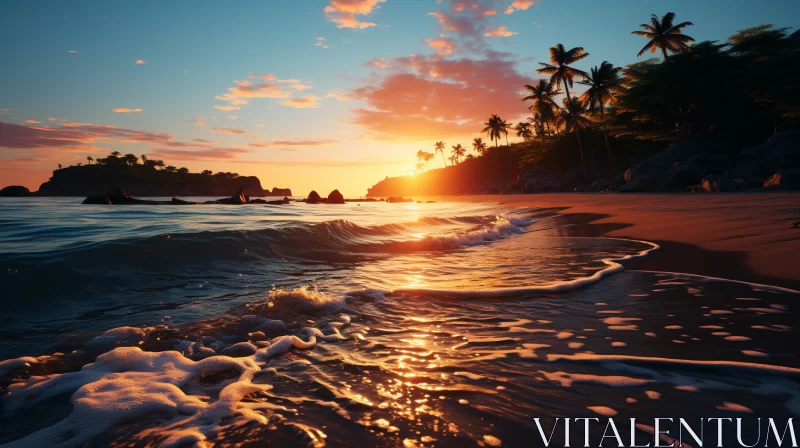 Serene Tropical Beach Sunset with Crashing Waves and Coconut Palms AI Image