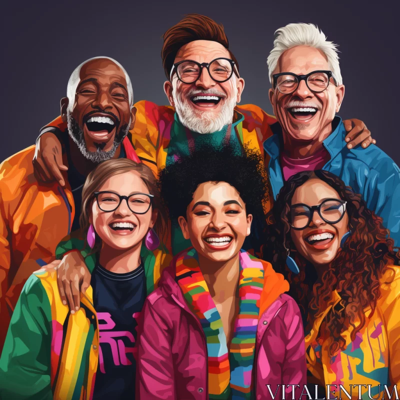 Colorful Group Portrait of Laughing Seniors in Illustration AI Image