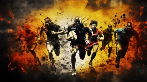 Fiery Rugby Match Artwork in Dark Gold & Red Tones with Xbox 360-Inspired Graphic Appeal AI Image