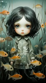 Gothic Pop Surrealism Art: Girl in Aquarium with Fish AI Image