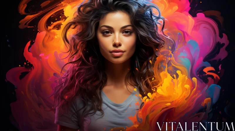 Intricate Illustration of Woman with Vegas Makeup amidst Colorful Flames AI Image