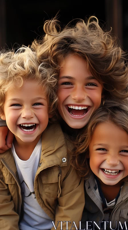 Smiling Children in Khaki Jackets: A Moment of Joyful Chaos AI Image