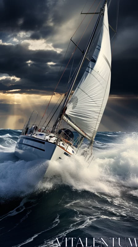AI ART Dramatic Rendering of White Sailboat in Rough Waters