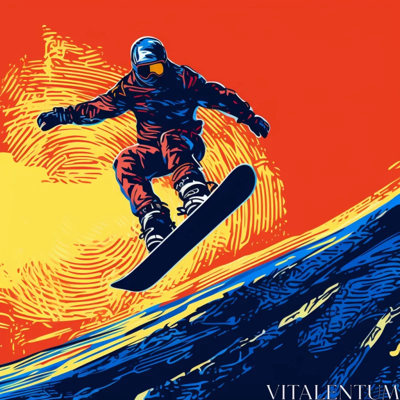 AI ART High-Detail Pop-Art Snowboarder Image with Bold Colors & Vintage Texture