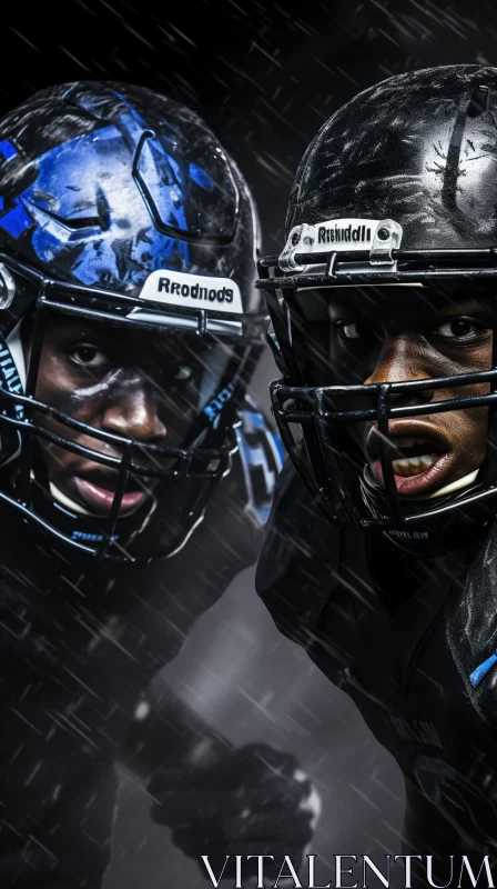 Intense Football Players in Camouflage under Rainy Backdrop AI Image