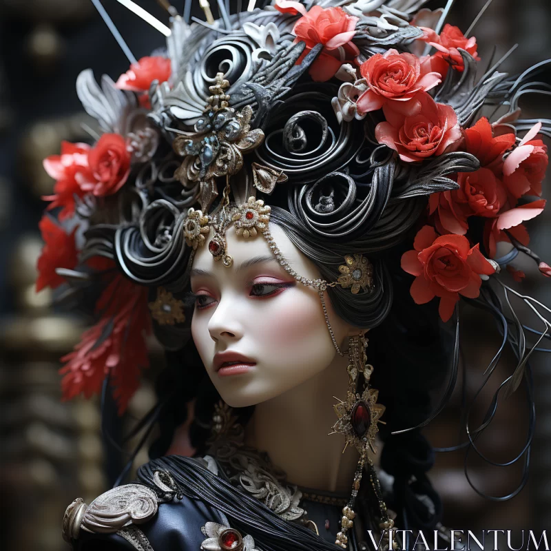 Regal Woman in Chinese Dress with Surreal Miniature Sculptures AI Image
