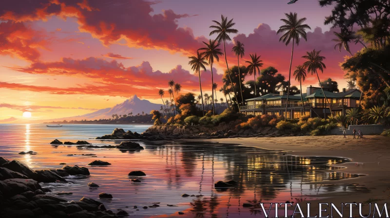 Tranquil Sunset Beach Scene with Tropical House and Figures AI Image