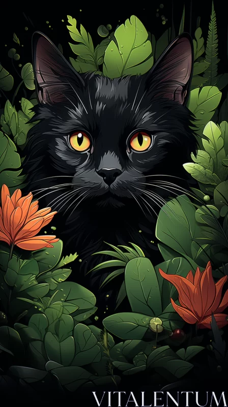 2D Game Art Style Black Cat in Vibrant Jungle AI Image