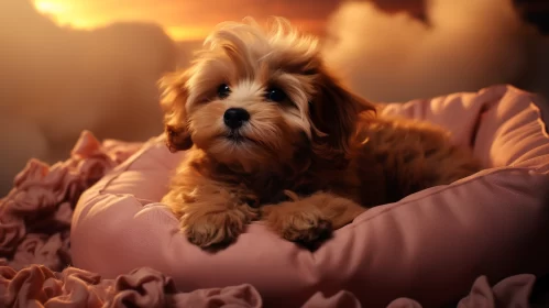 Adorable Dog on Luxury Cushion with Dusk Backdrop