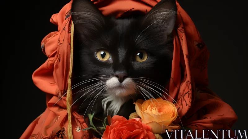 Black Cat with Rose in Softbox Lighting - Realist Portrait AI Image