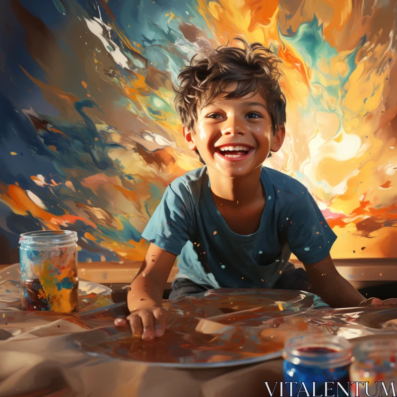 Boy Painting in Colorful Turbulence: A Photorealistic Illustration AI Image