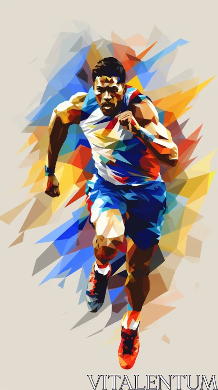 Cubist Athlete in Motion: A Blend of Low Poly, Yombe Art & Vibrant Colors AI Image