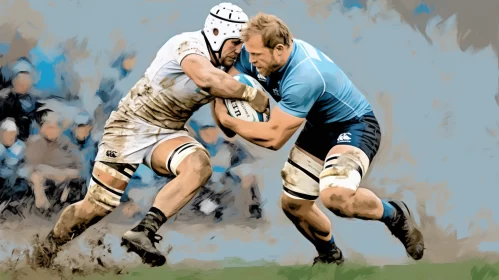 Dramatic Digital Artwork of Rugby Match in Light Indigo and Beige Tones AI Image