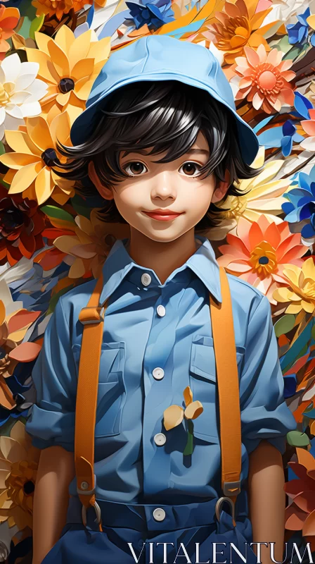 Flower Field with Boy - Stylized Realism and Anime Art AI Image