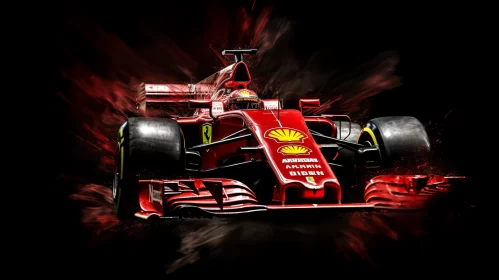 Intense Illustration of Red Ferrari F1 Racing Car Against Black Background  - AI Generated Images AI Image
