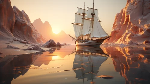 Vintage Sailing Ship Navigating Tranquil Waters Against Mountain Backdrop AI Image