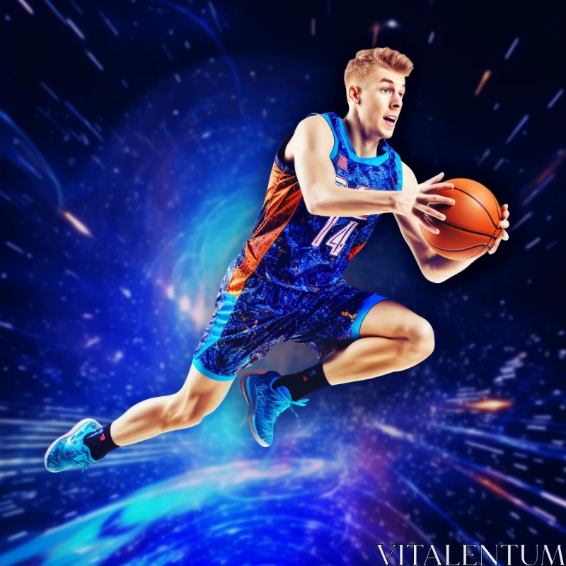Basketball Player in Blue Amidst Vibrant Energy Explosions in Matte Finish AI Image