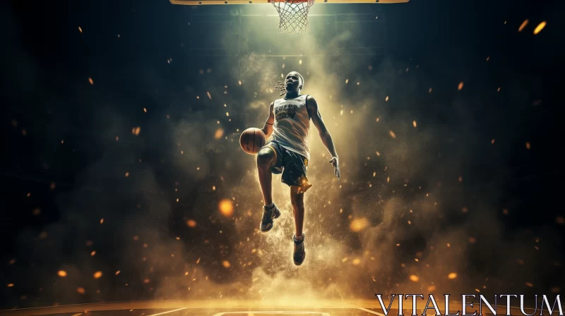 Dramatic Basketball Player Mid-Jump on Fiery Field AI Image