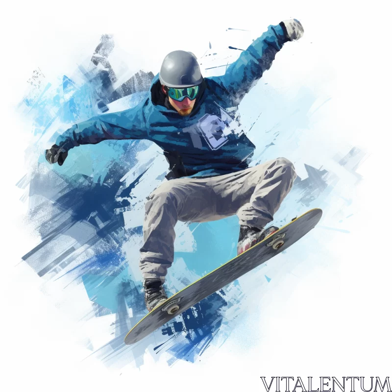 AI ART Dynamic Digital Artwork of Skateboard-like Snowboarding in Icy Landscape with PS1 Graphic Style