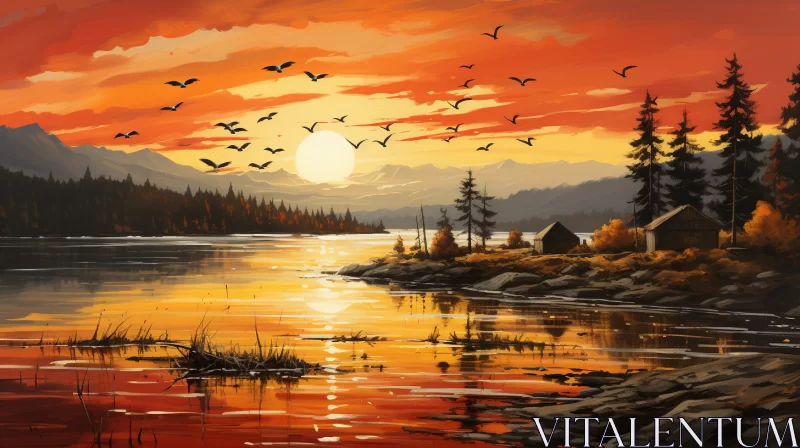 Serene Sunset Over Lake with Rustic Cabincore Aesthetic and Ornithological Theme AI Image