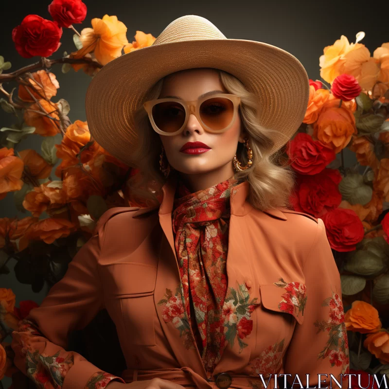 Timeless Elegance: Woman in Floral Fashion Against Flower Wall AI Image