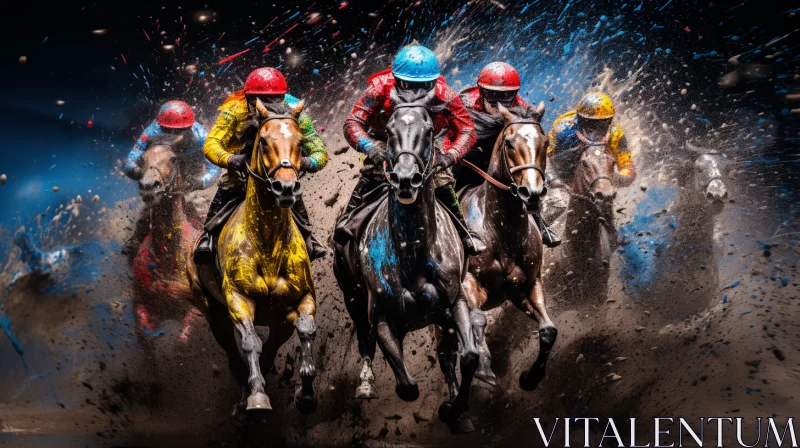 Vivid Horse Race in Mixed-Media Collage with Liquid Metal Stylization AI Image