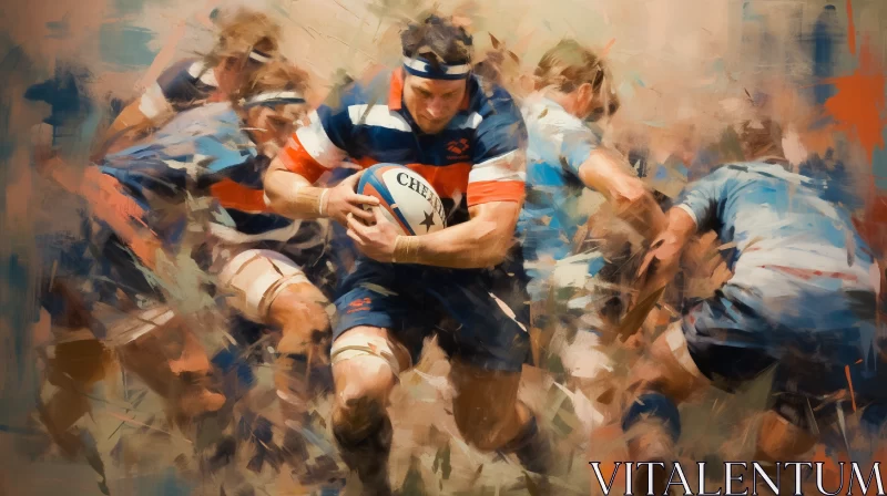Vivid Oil Painting of Intense Rugby Match in Light-Orange and Dark-Blue Tones AI Image