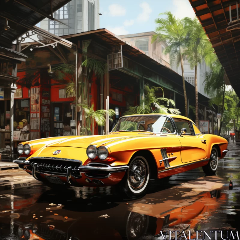 Yellow Chevy Coupe in Rain - American Modernism and Matte Painting - AI Art images AI Image