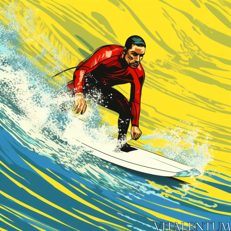 AI ART Digitally Crafted Image of a Surfer Conquering a Majestic Wave in Pop Art Style with Hyper-Realistic