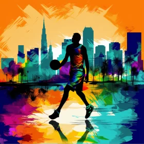 Dynamic Basketball Player in Vibrant Cityscape: A Fusion of Sports & Art AI Image